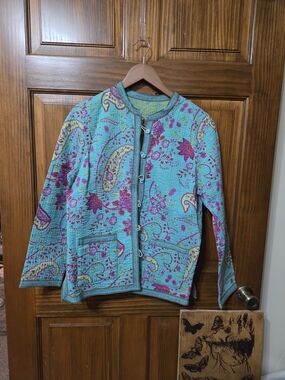 Turquoise Floral Quilted Reversible Jacket with Pink Accents